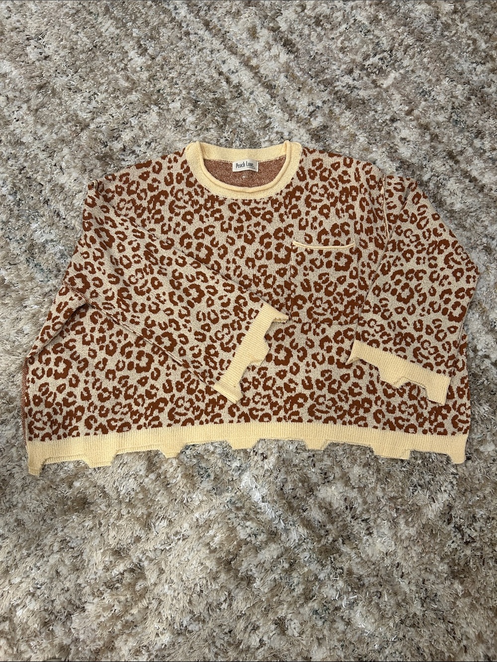 Peach Love California Yellow-Trim Leopard Print Crewneck Sweater